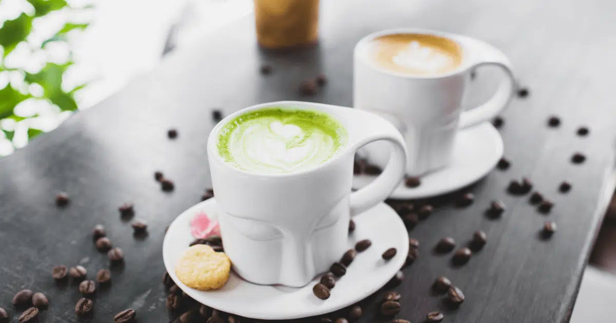 Cup of matcha, cup of coffee, symbolizing matcha vs coffee – the perfect choice for your private label brand