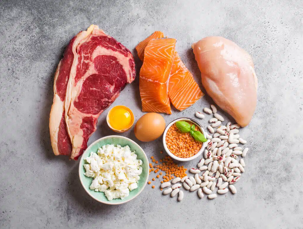 Assortment of natural sources of protein from food: meat, fish, chicken, dairy products, eggs, beans. Diet, healthy eating, wellness, bodybuilding concept, top view, stone background