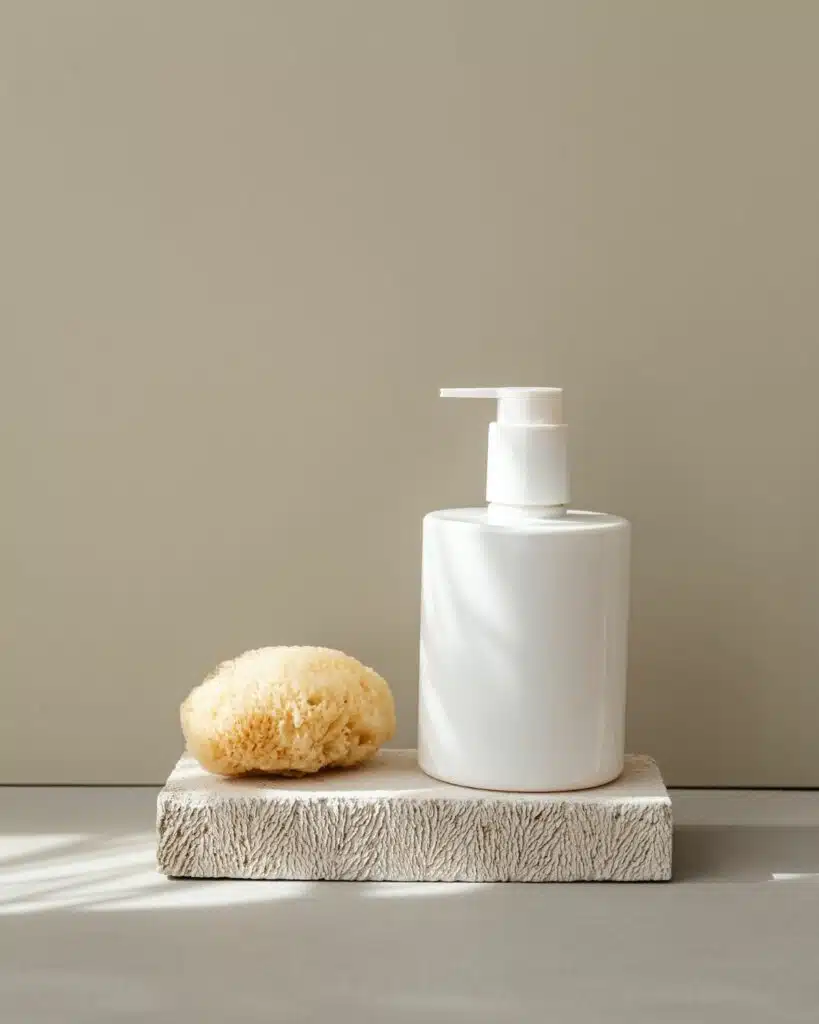Body lotion bottle next to a cleaning sponge on a neutral surface.