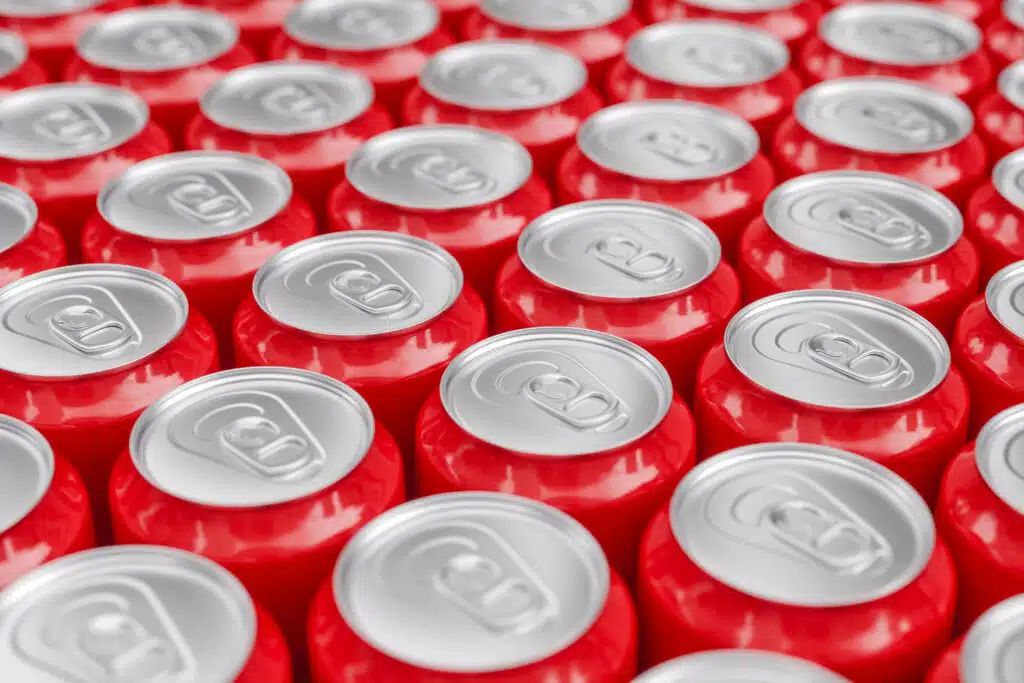 Many Red Metal Soda Cans, Tin Can Coke Production And Packaging Concept 3d Rendering
