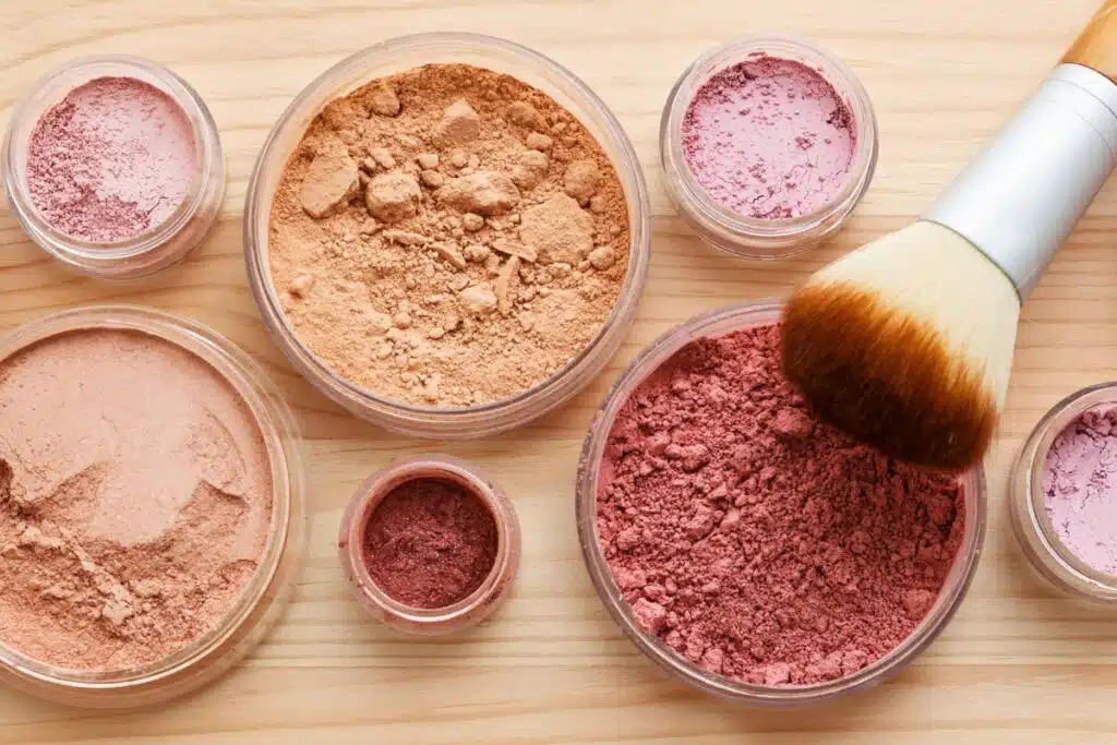 Image showcasing a container of loose blush pigment, alongside various other makeup products, all arranged neatly to highlight their colors and textures, against a clean, simple background.