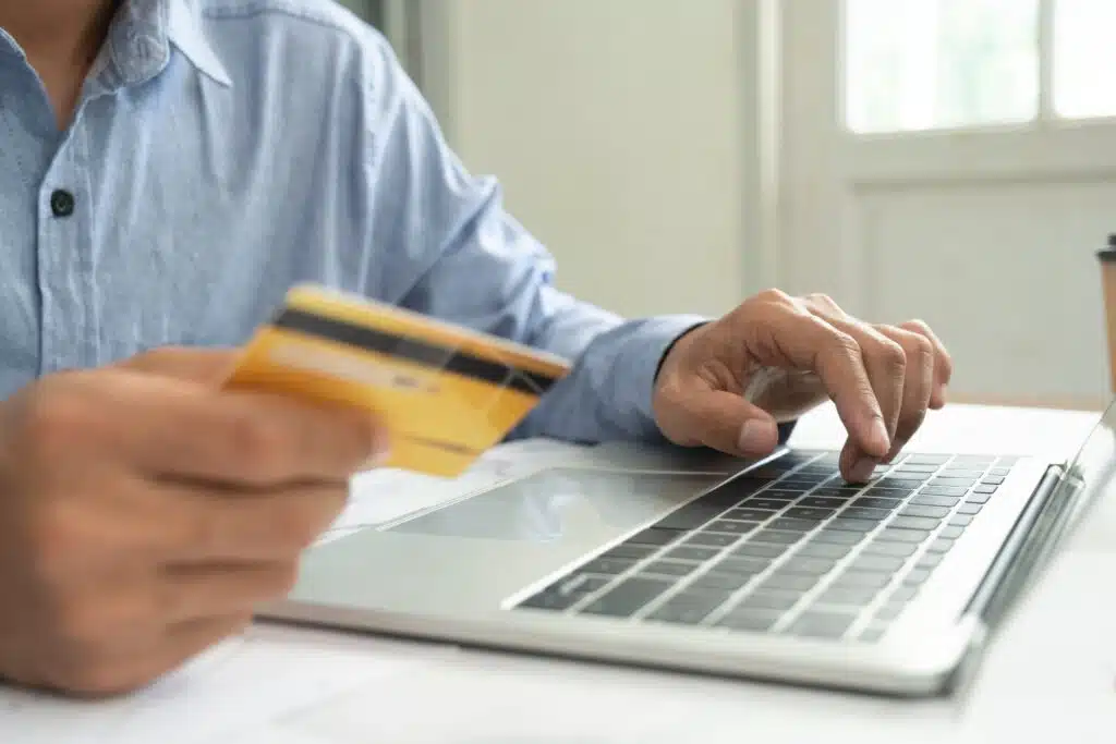 Business online shopping and online banking. Customer shopping online pay by credit card.