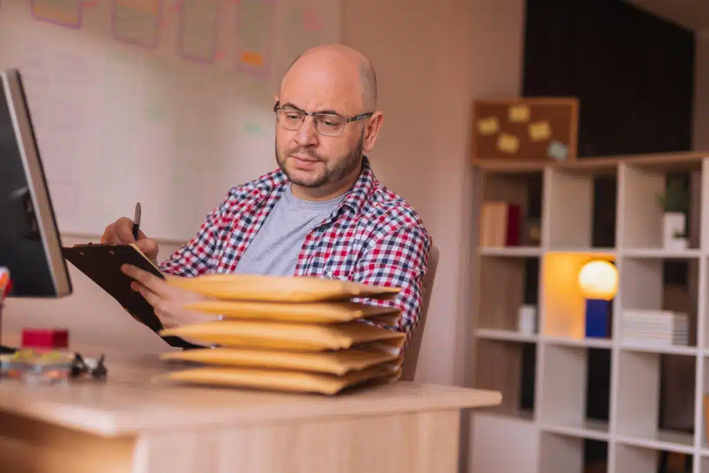 Small business owner sitting at his desk in home office, packing product for delivery; entrepreneur packaging online store orders for shipping