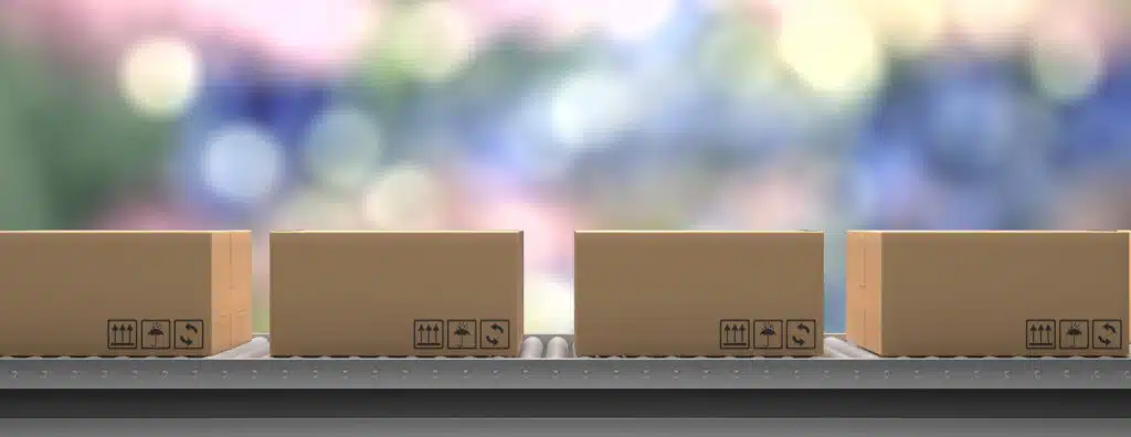 Conveyor belt with cardboard boxes. Packaging and handling roller system, blur background, banner. 3d illustration