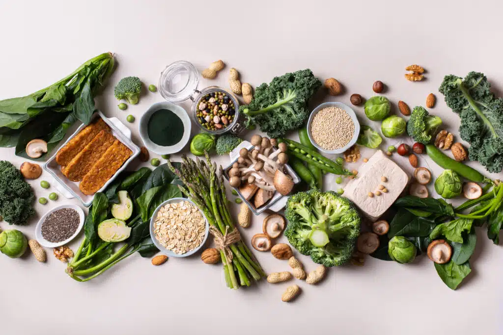 Variety of healthy vegan fish, plant based protein source and body building food. Tofu soy beans tempeh, green vegetables, nuts, seeds, quinoa oat meal and spirulina. View from above