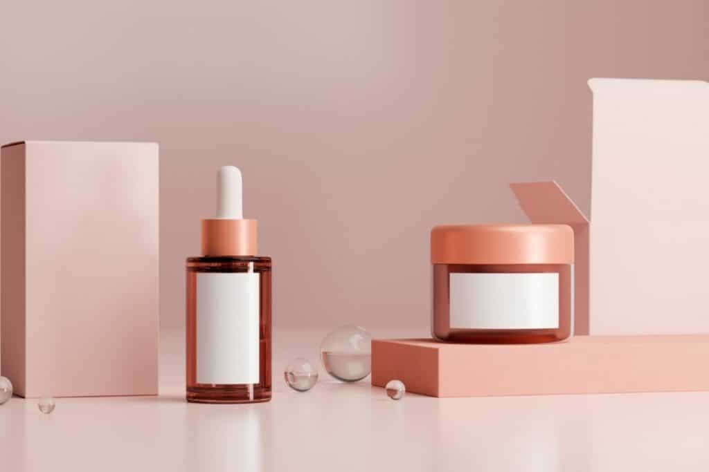 A photo displaying a range of skincare products with private label branding, arranged neatly against a soft-lit background.
