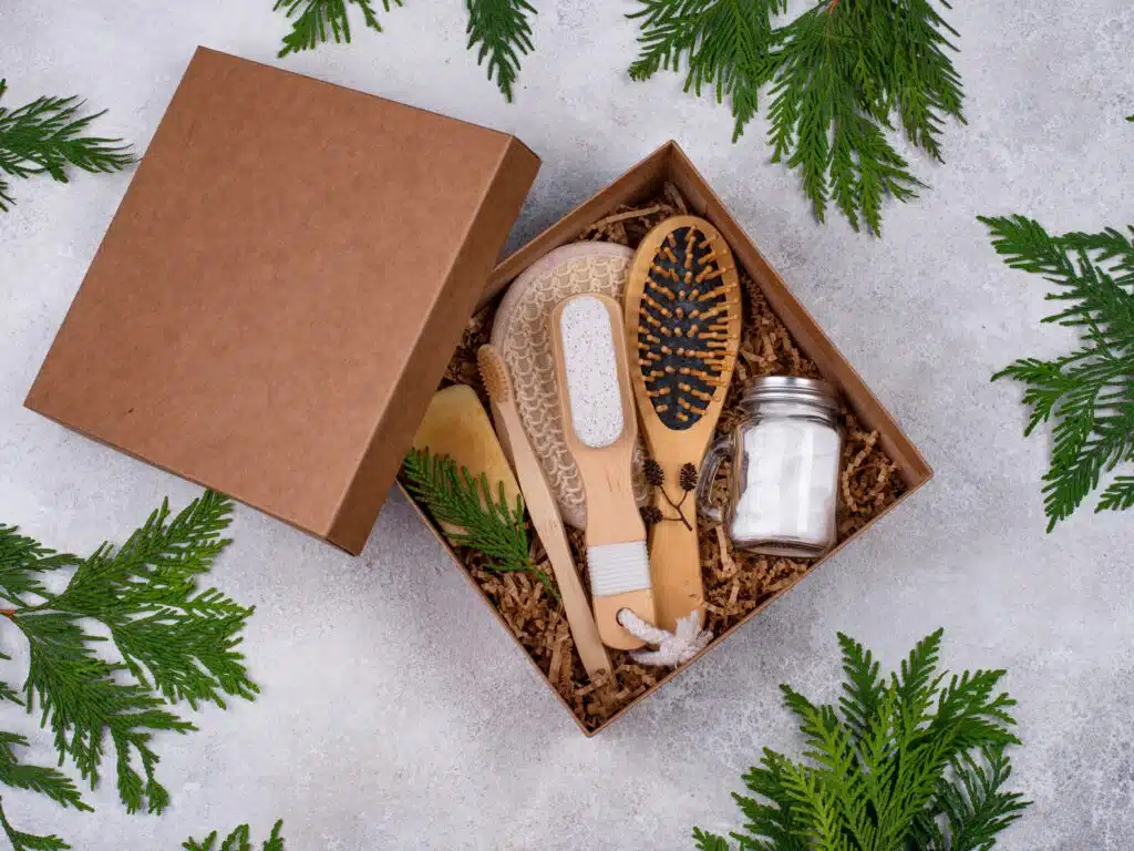 Christmas care package with sustainable gift. Zero waste eco friendly present box without plastic