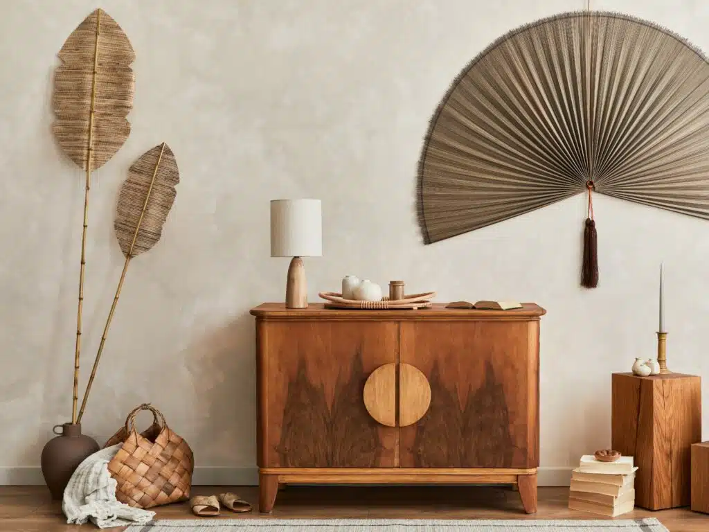 Japandi concept of living room interior home design trend with wooden commode, table lamp, tropical dried leaf in vase, cubes, decoration, japanese fan and elegant personal accessories in home decor. Template.