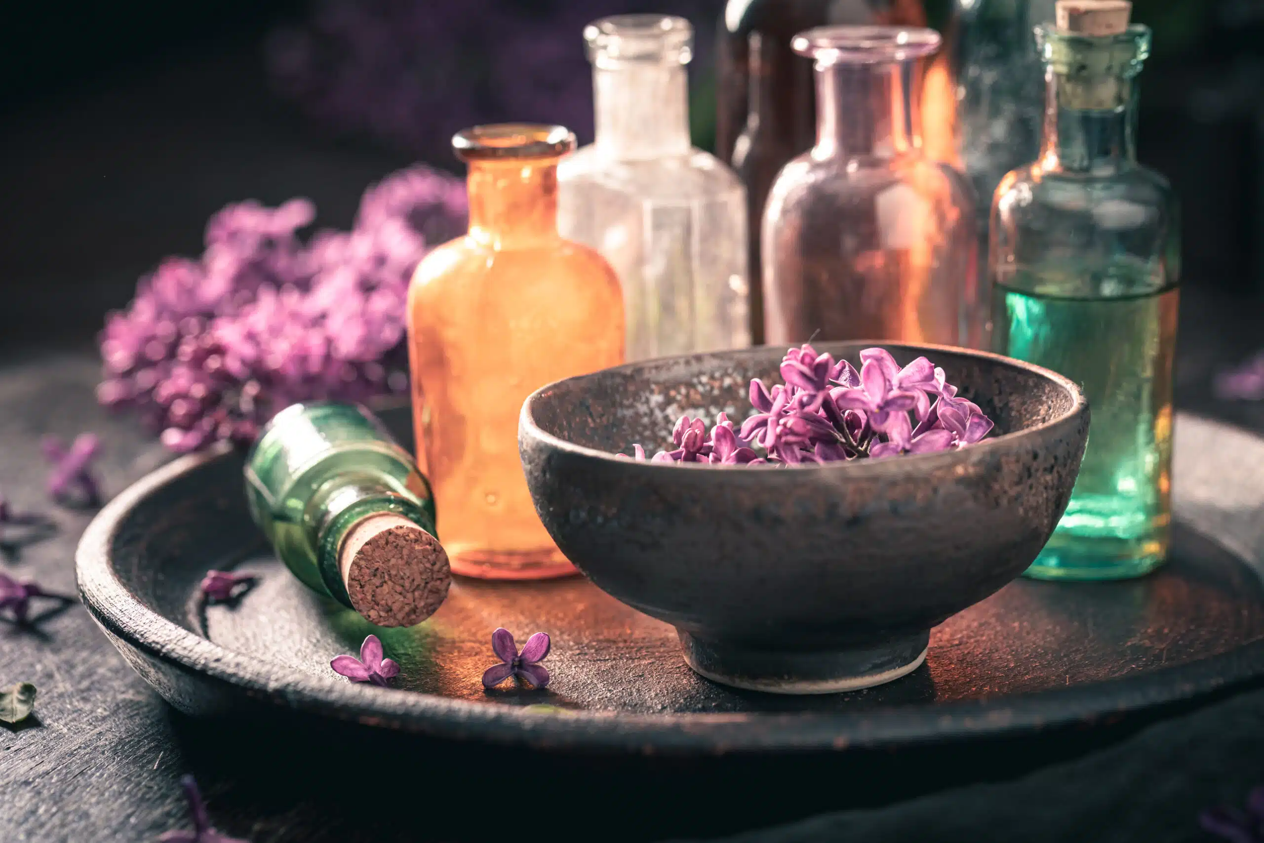 Special treatments with aromatic oils. Lilac aromatic oils. Homemade Products of flowers.