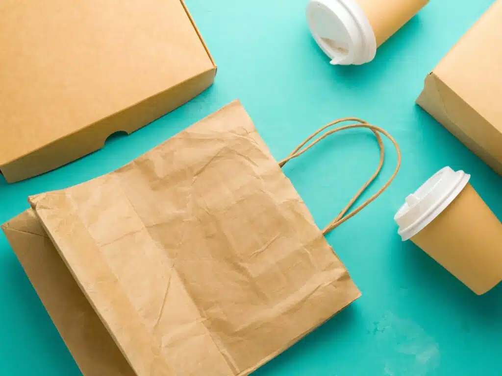 top view flat lay recyclable types of paper  packaging on a blue background, paper bag, disposable glass, cardboard box