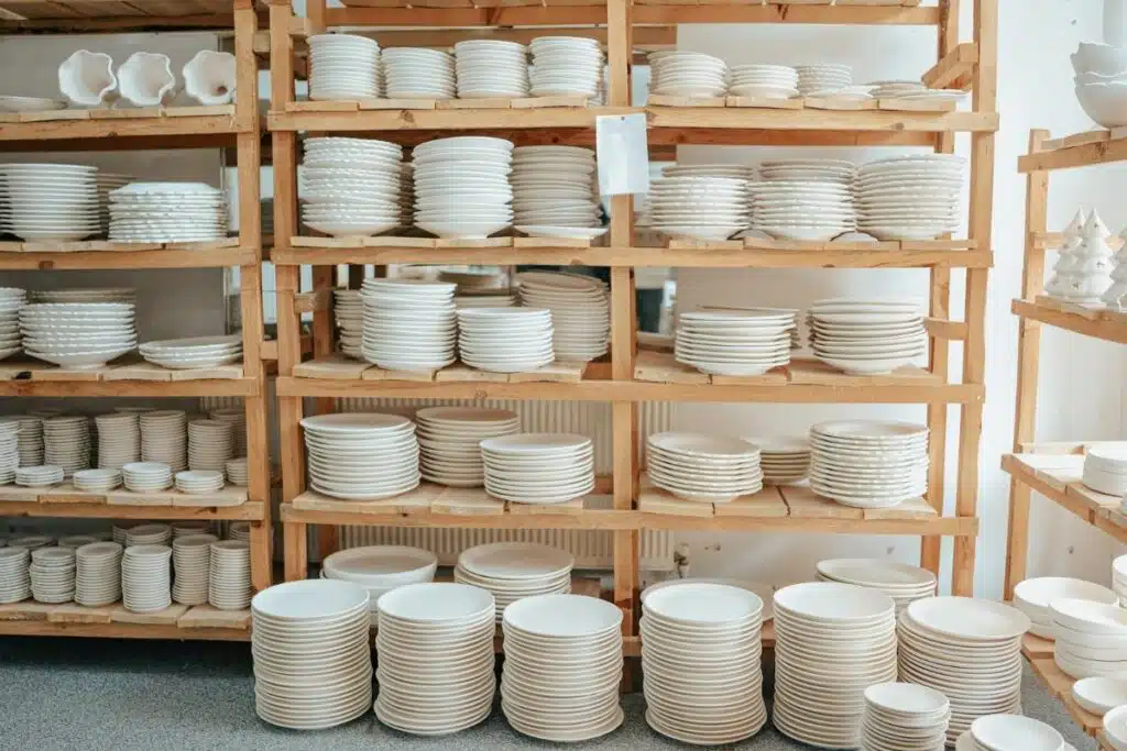 An array of plates neatly arranged, showcasing various sizes, and patterns, reflecting a diverse selection suitable for different dining occasions and table settings.
