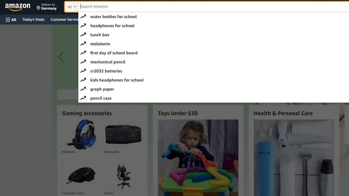 Screenshot of Amazon's search bar with suggested product queries highlighted below.