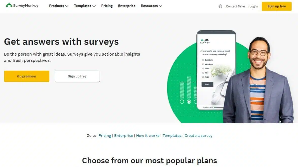 Main landing page of SurveyMonkey with prominent features and call-to-action buttons displayed.