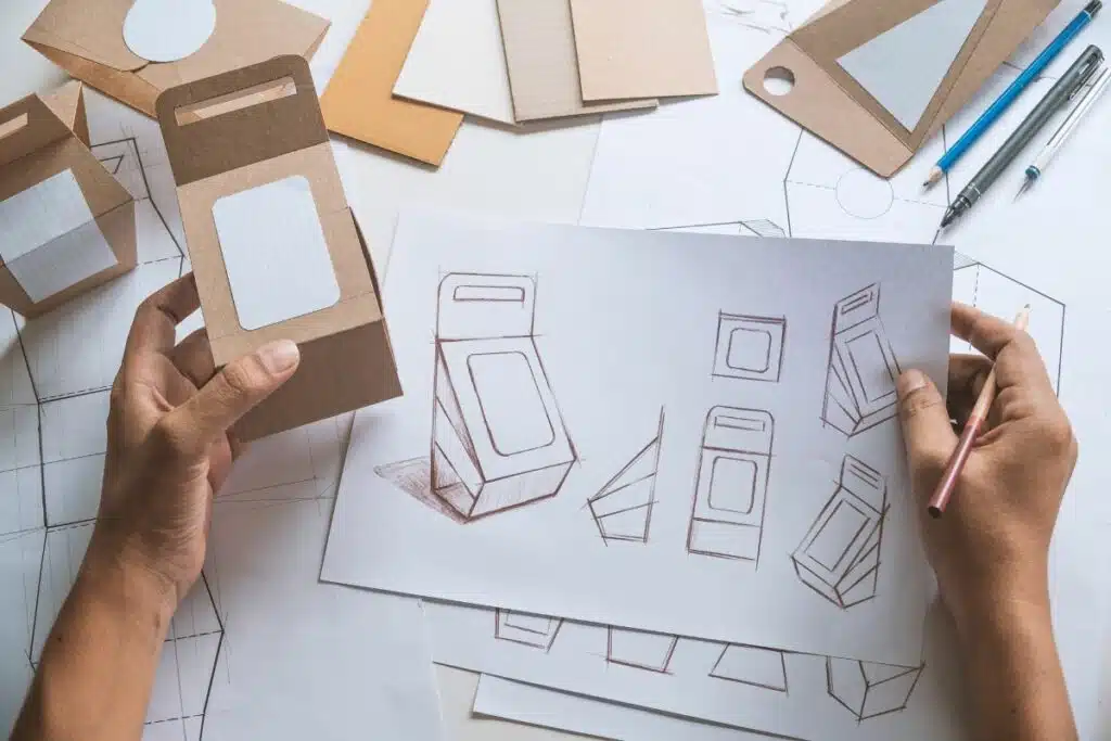 "Designer working on a creative layout for sustainable packaging, with sketches and various tools on the table.