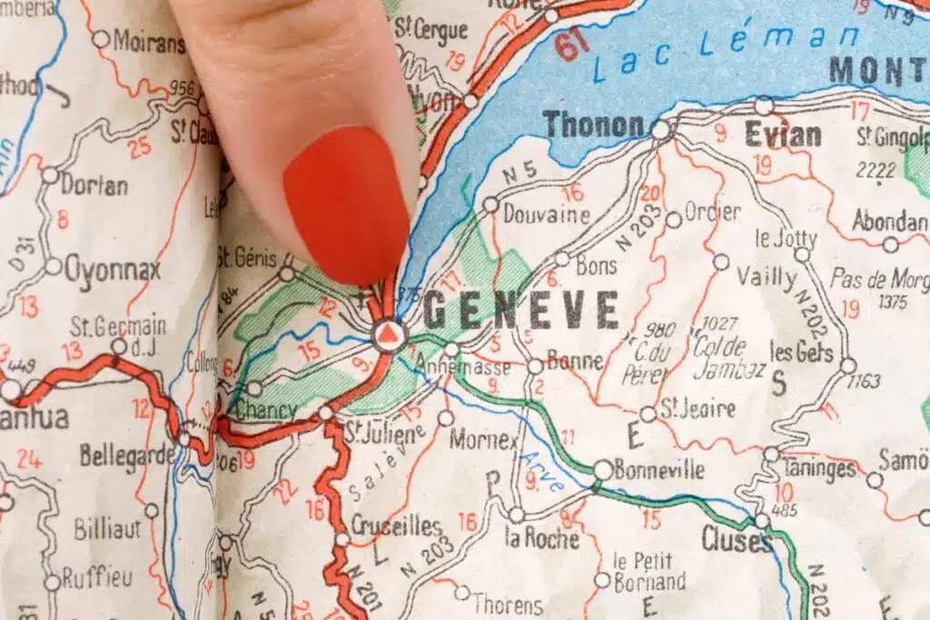 Map illustration highlighting Geneva's location within Switzerland, marked with a distinct marker or pin.